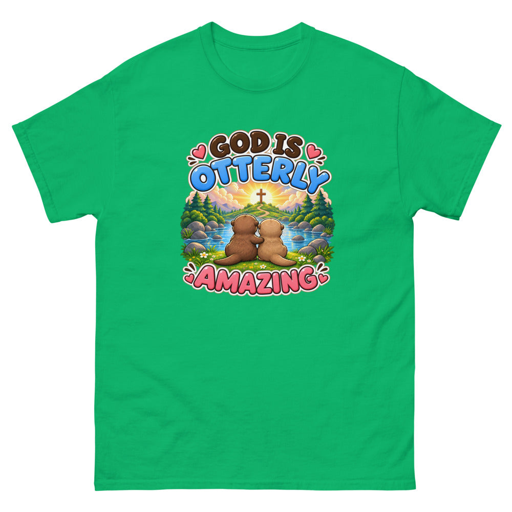 Two otters watching a sunrise with a cross and the words God Is Otterly Amazing on a Irish Green shirt