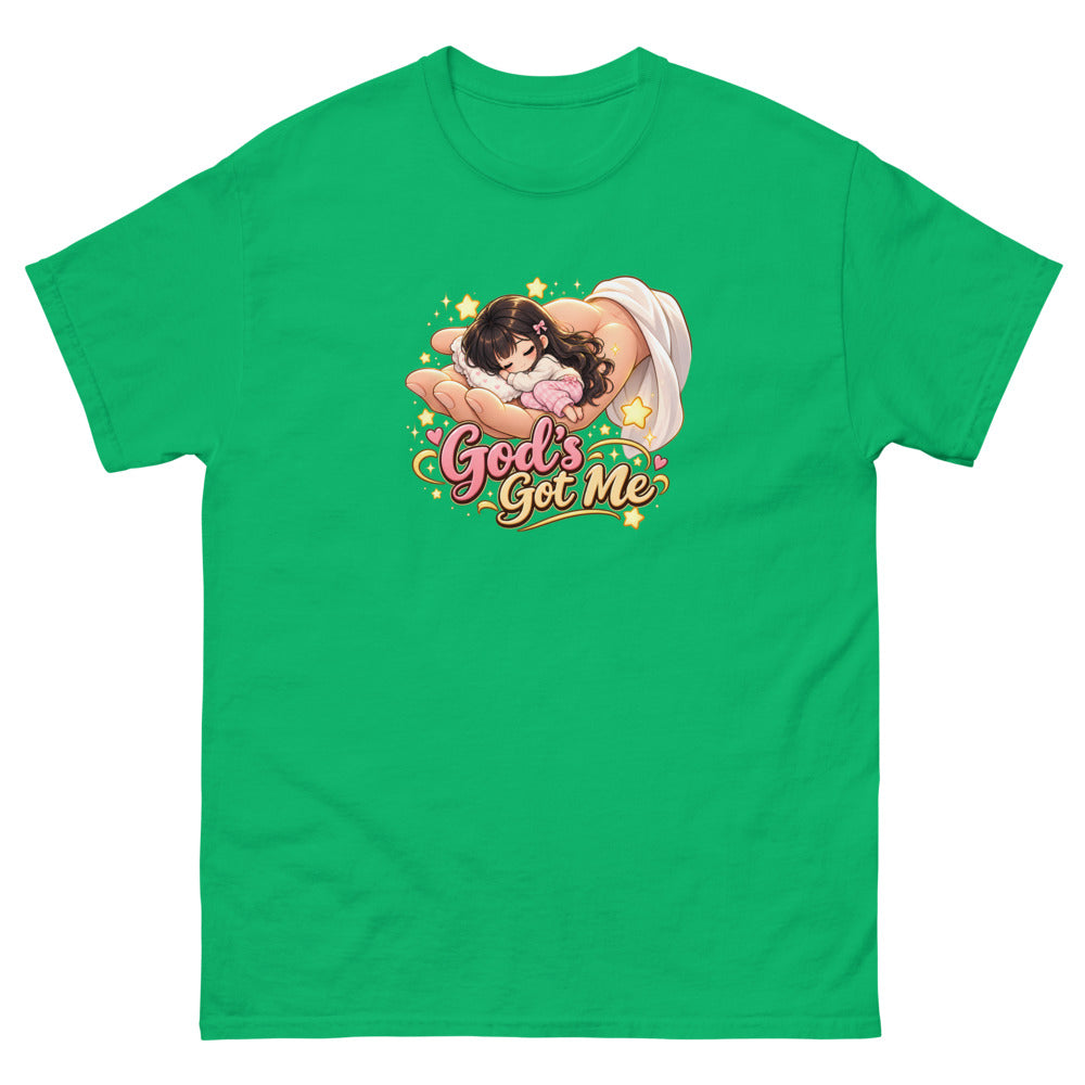 Chibi girl sleeping in the palm of God's hand with the words God's Got Me on a Irish Green shirt