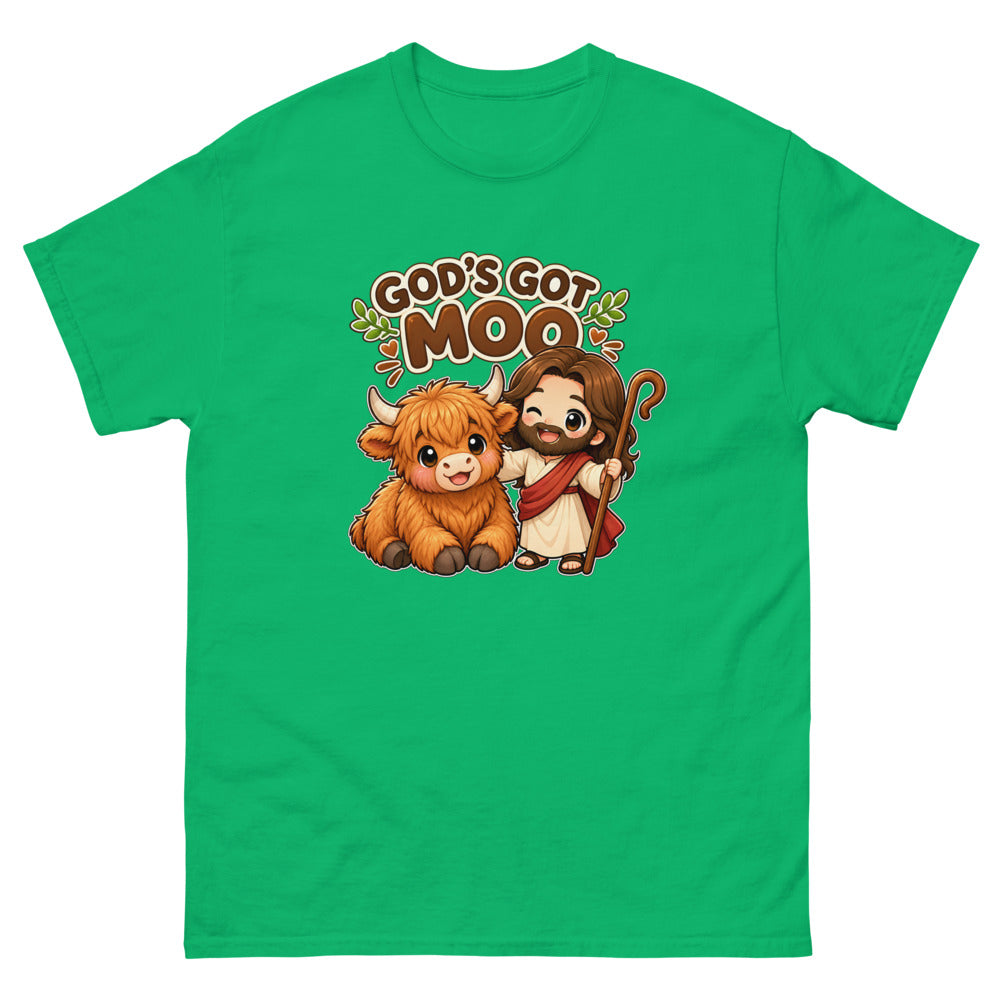Cartoon highland cow with chibi Jesus and the words God's Got Moo on a Irish Green shirt