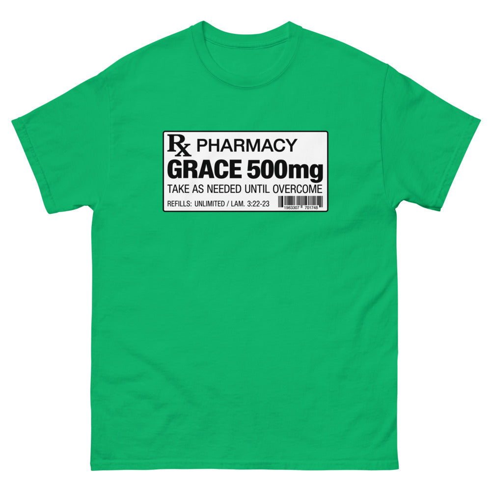 Pharmacy prescription label reading Grace 500mg, refills unlimited on a Irish Green shirt