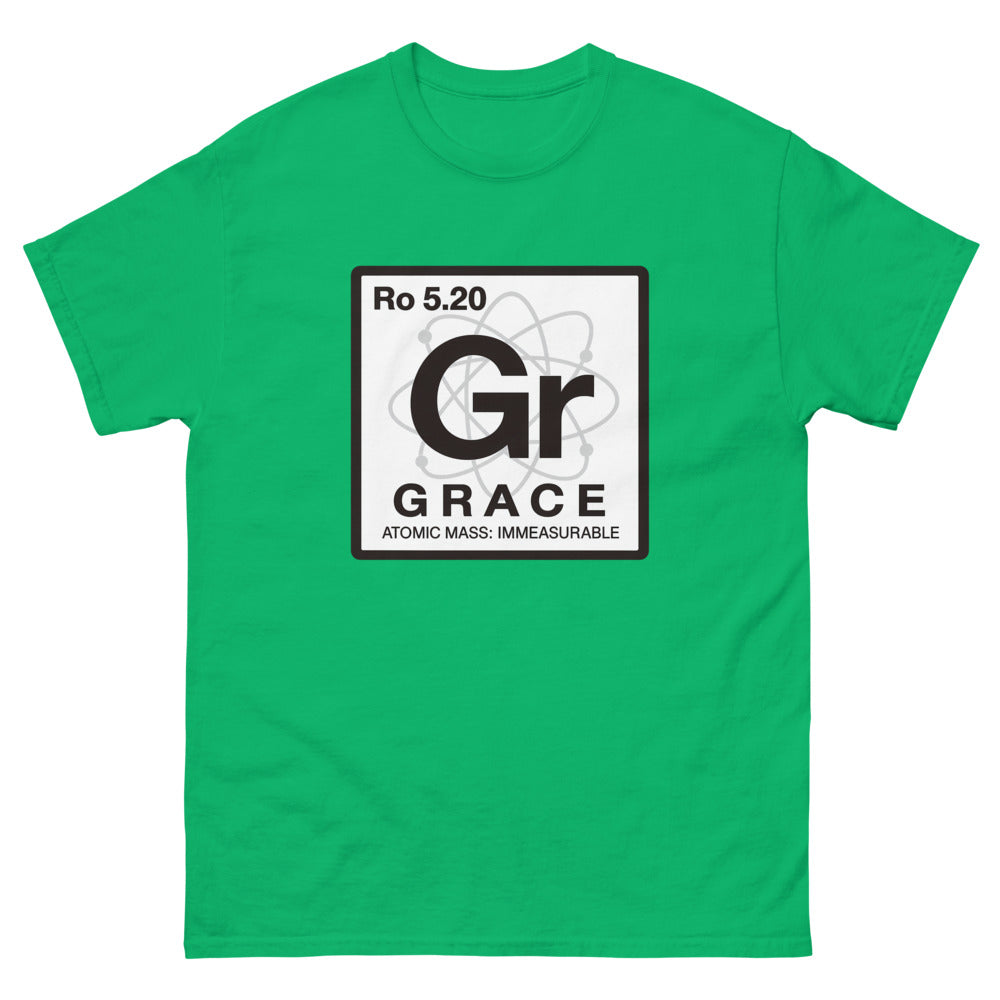Periodic table tile reading Gr, Grace, atomic mass immeasurable on a Irish Green shirt