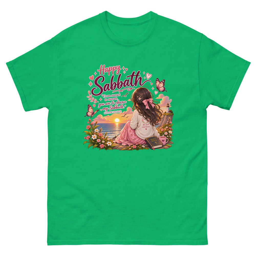Chibi girl watching an ocean sunset with a Bible and the words Happy Sabbath on a Irish Green shirt
