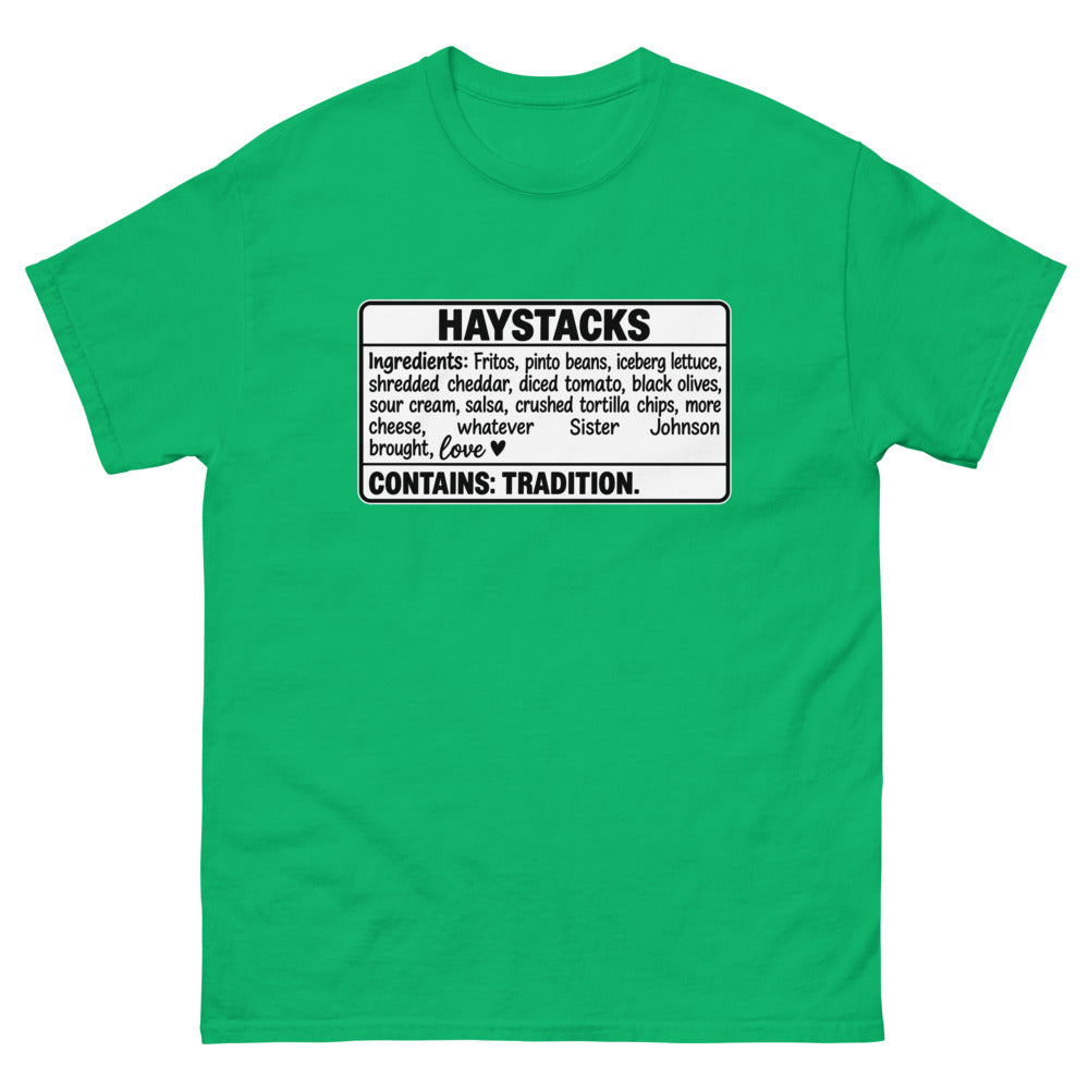 Ingredients label for haystacks ending with Contains: Tradition on a Irish Green shirt