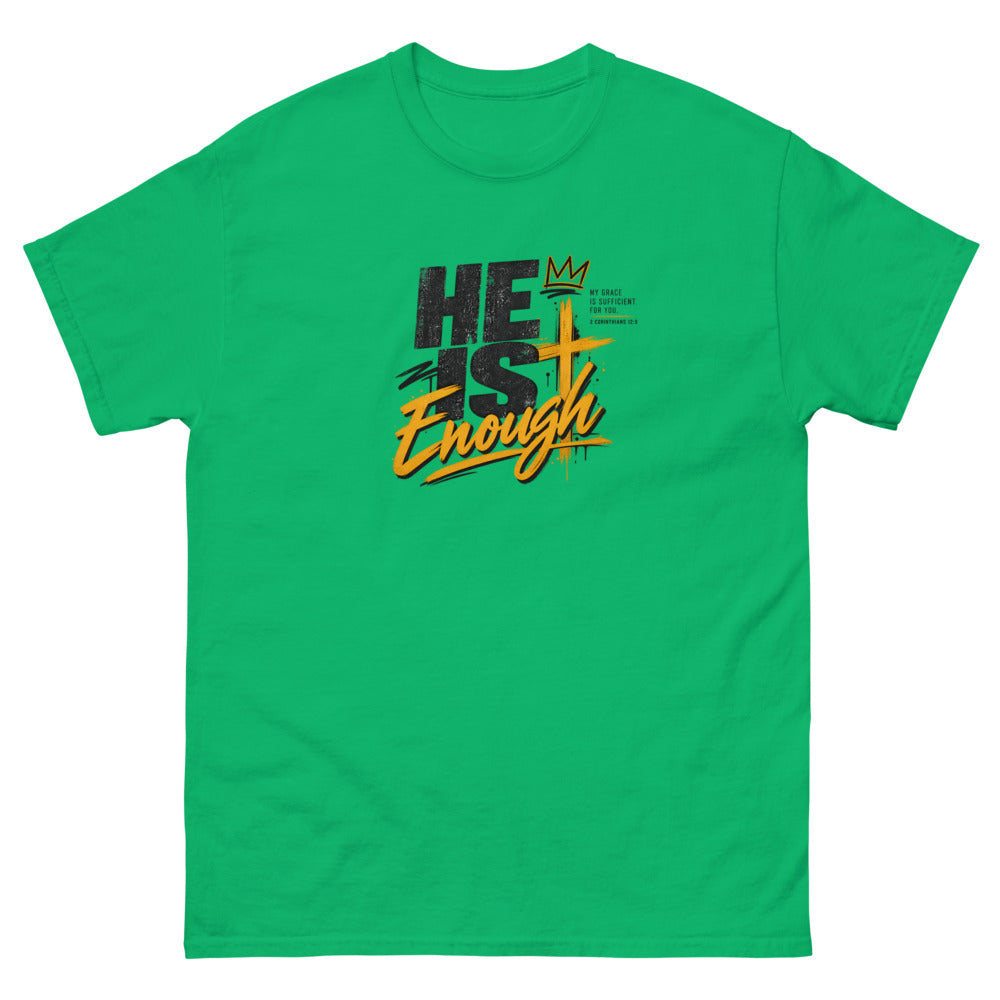 Graffiti style lettering with a crown and gold cross reading He Is Enough on a Irish Green shirt