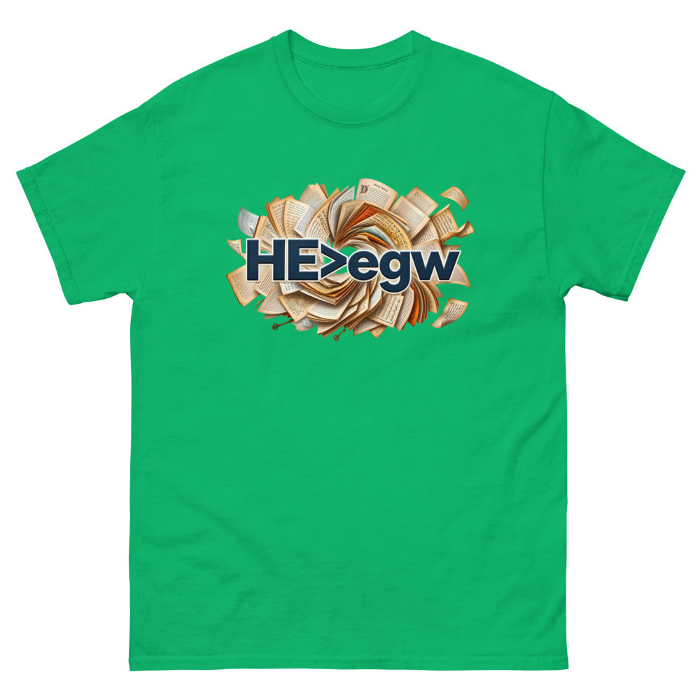 Spiral of open Bibles with navy lettering reading HE is greater than egw on a Irish Green shirt