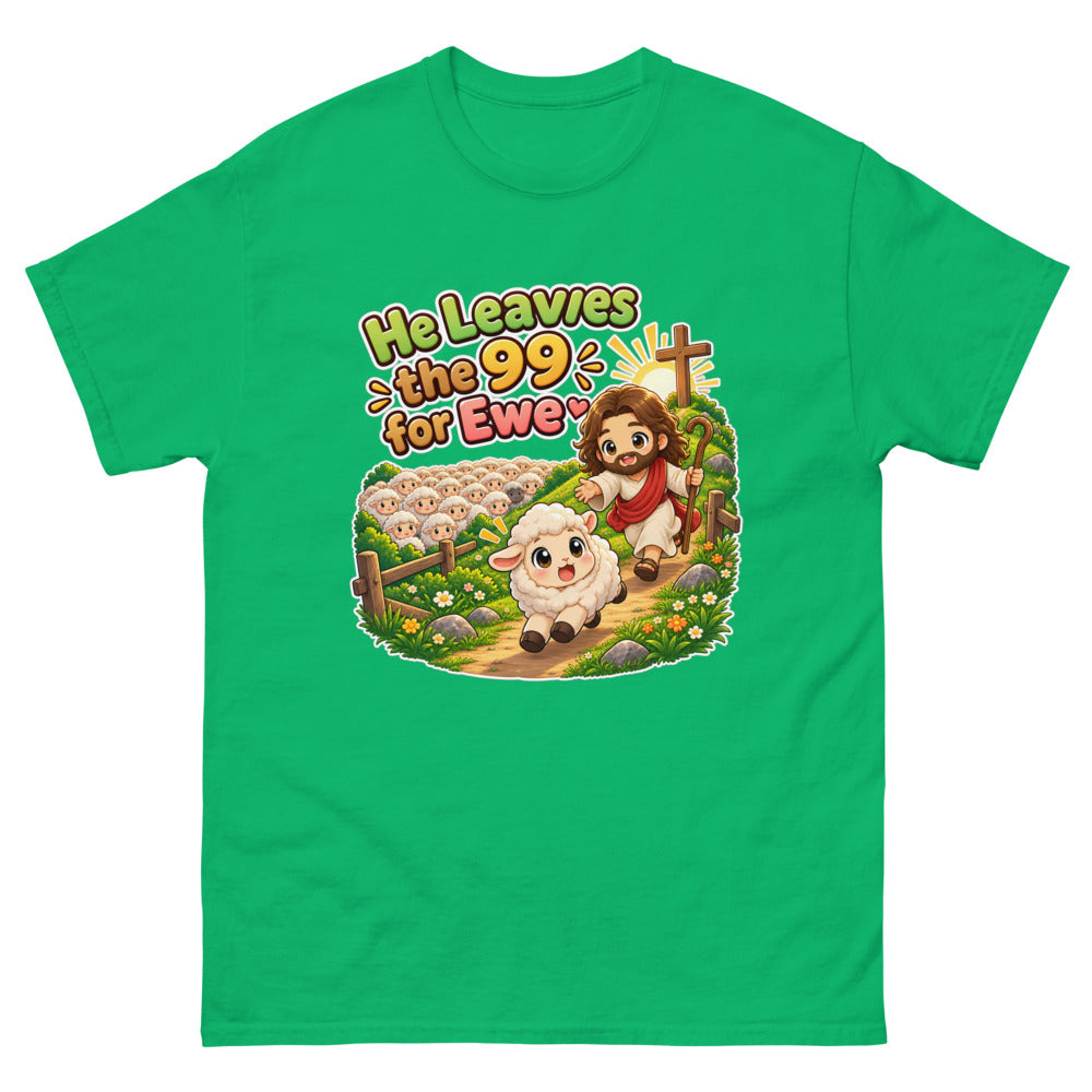 Chibi Jesus chasing one lamb away from the flock with the words He Leaves The 99 For Ewe on a Irish Green shirt