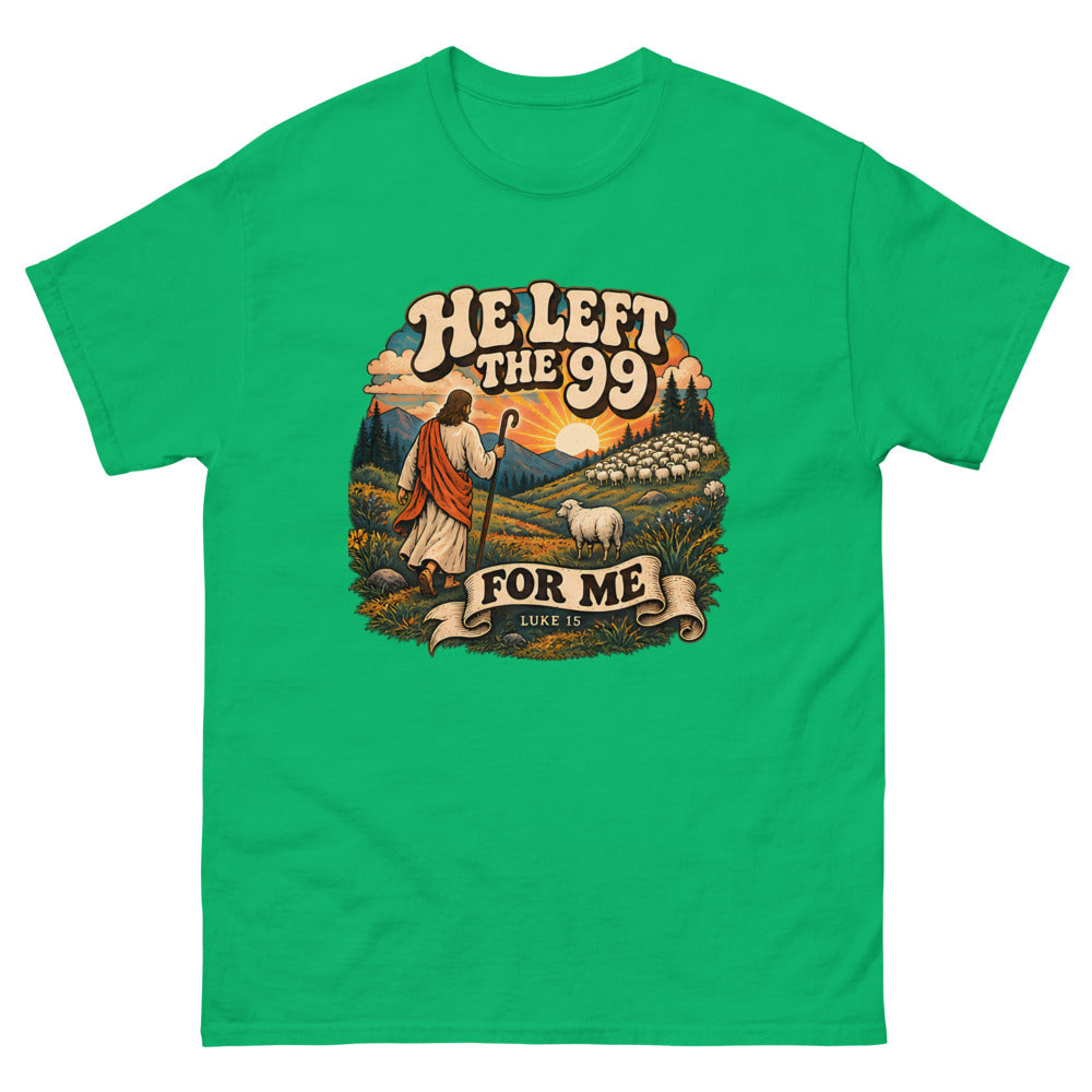 Retro hillside scene of a shepherd and one sheep reading He Left The 99 For Me on a Irish Green shirt
