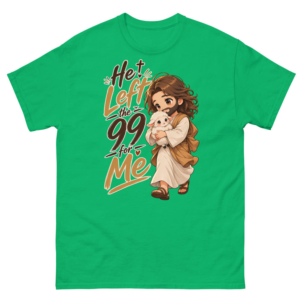 Chibi Jesus carrying a lamb with the words He Left The 99 For Me on a Irish Green shirt