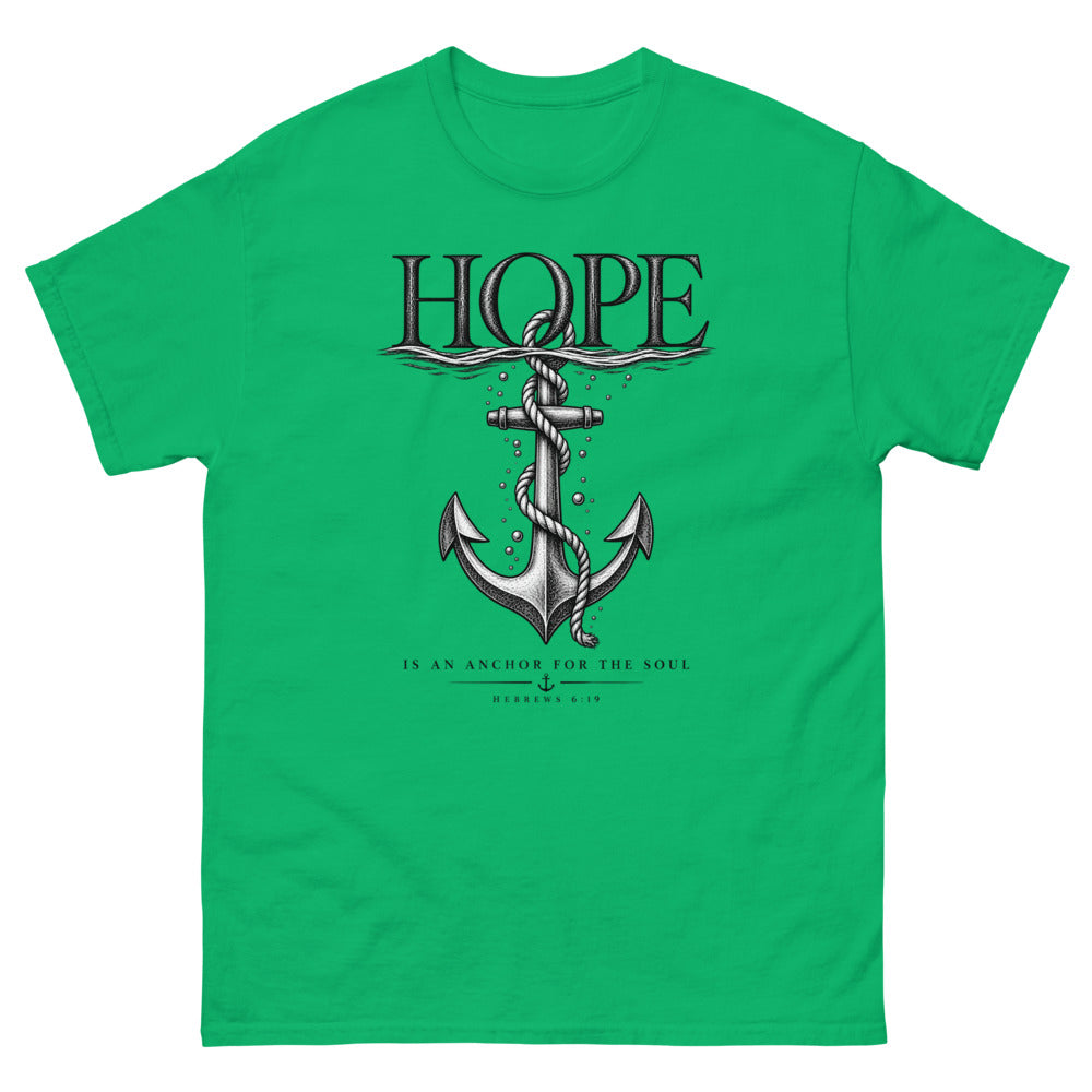 Engraved anchor below the waterline with the words Hope Is An Anchor For The Soul on a Irish Green shirt