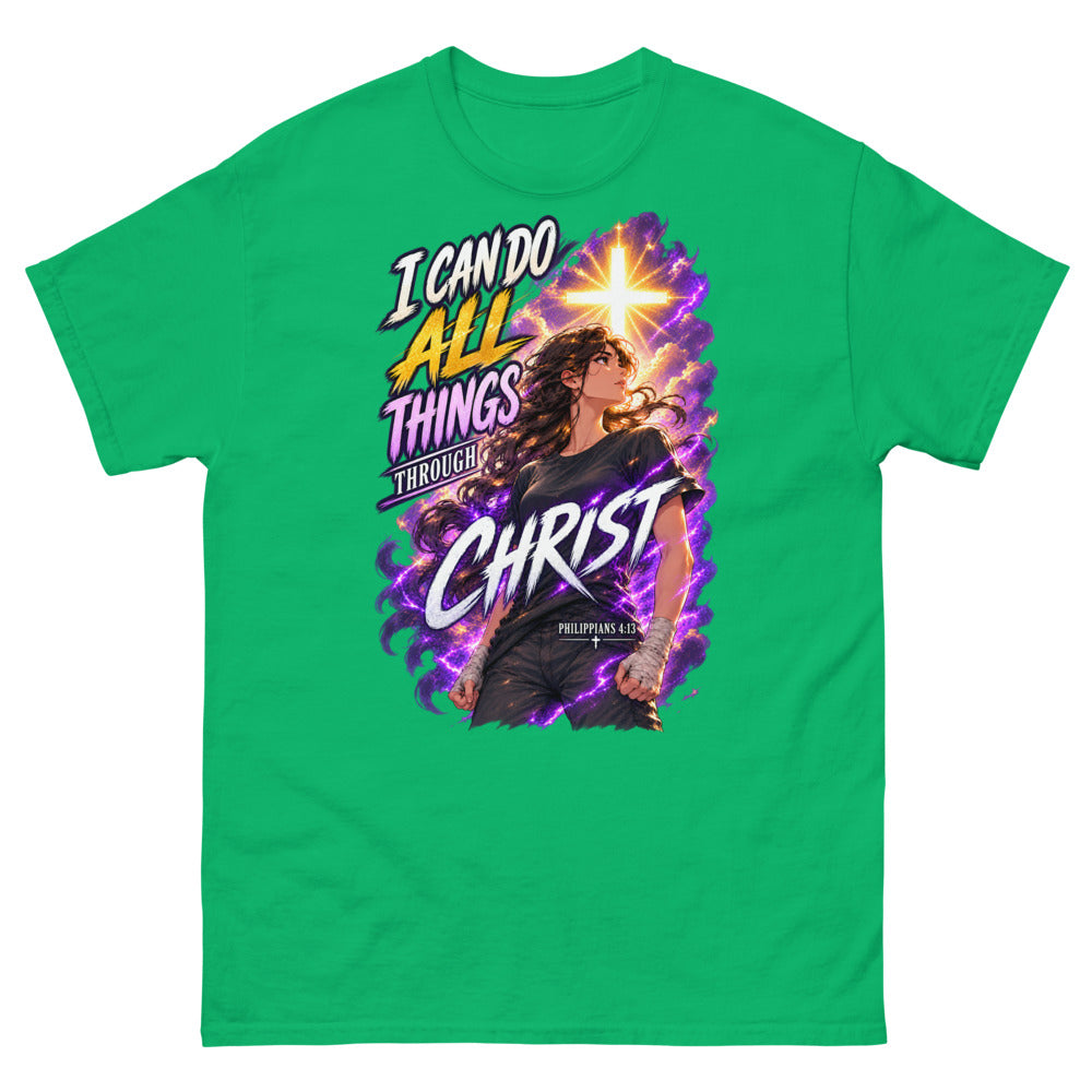Anime woman under a glowing cross with the words I Can Do All Things Through Christ on a Irish Green shirt