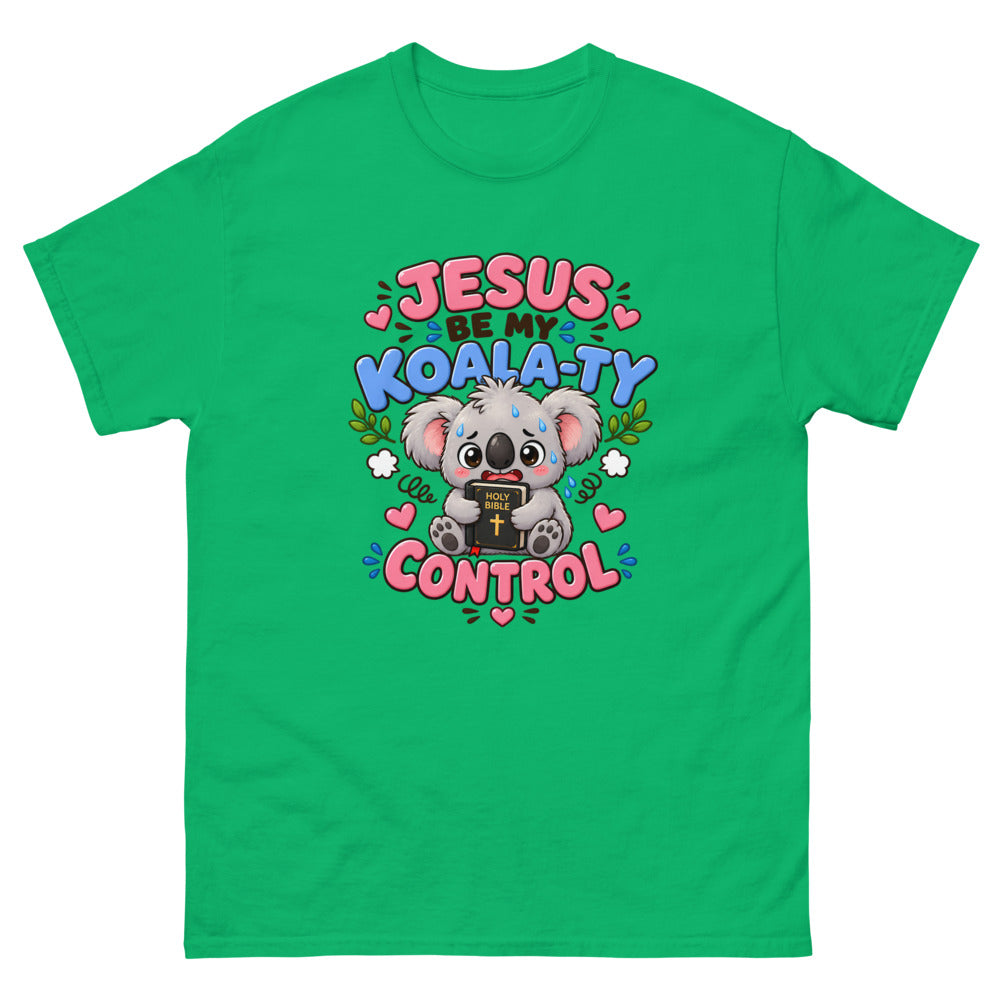 Cartoon koala holding a Bible with the words Jesus Be My Koala-ty Control on a Irish Green shirt
