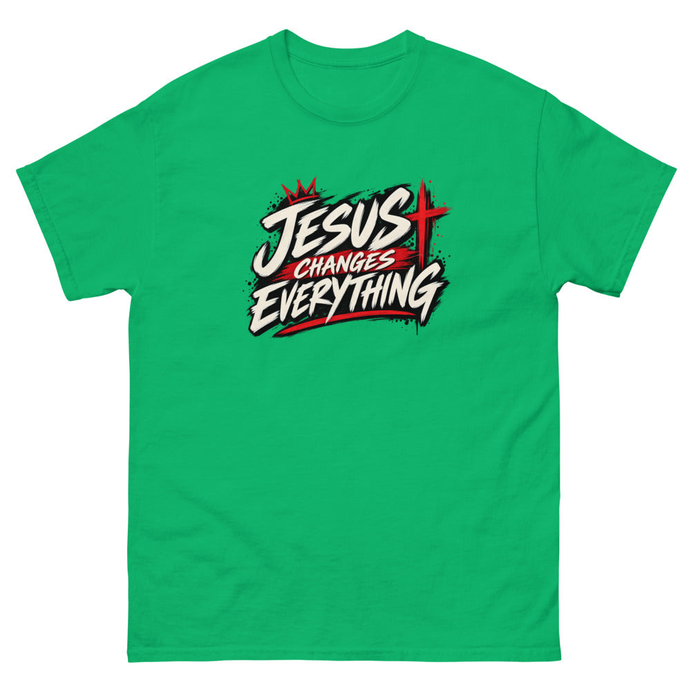 Brush script streetwear graphic with a crown and red cross reading Jesus Changes Everything on a Irish Green shirt