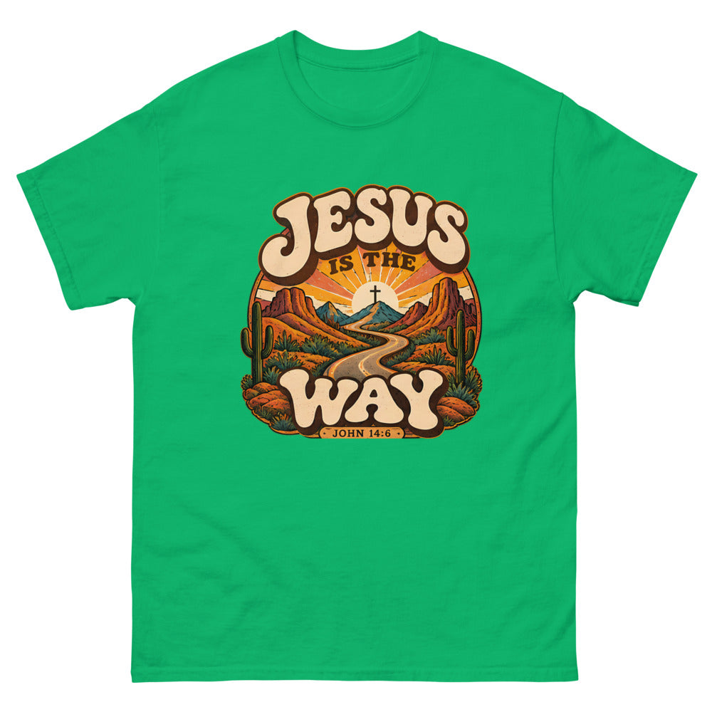 Retro groovy desert badge with a winding road to a cross reading Jesus Is The Way on a Irish Green shirt
