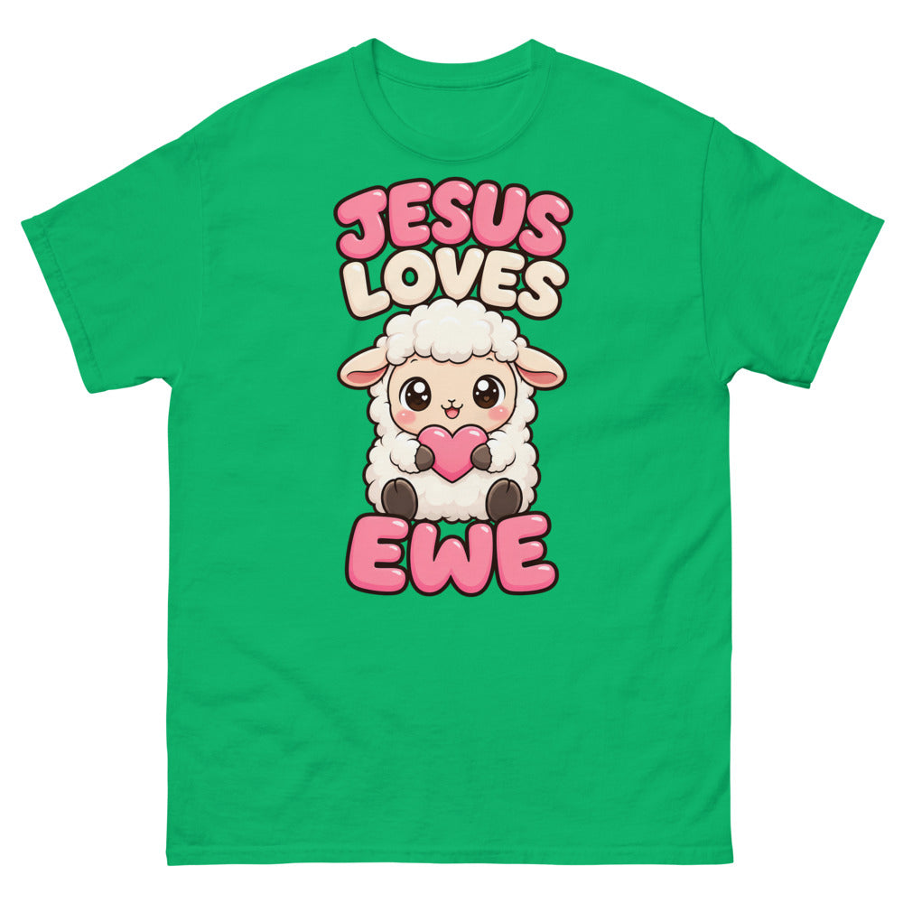 Cartoon lamb holding a heart with the words Jesus Loves Ewe on a Irish Green shirt
