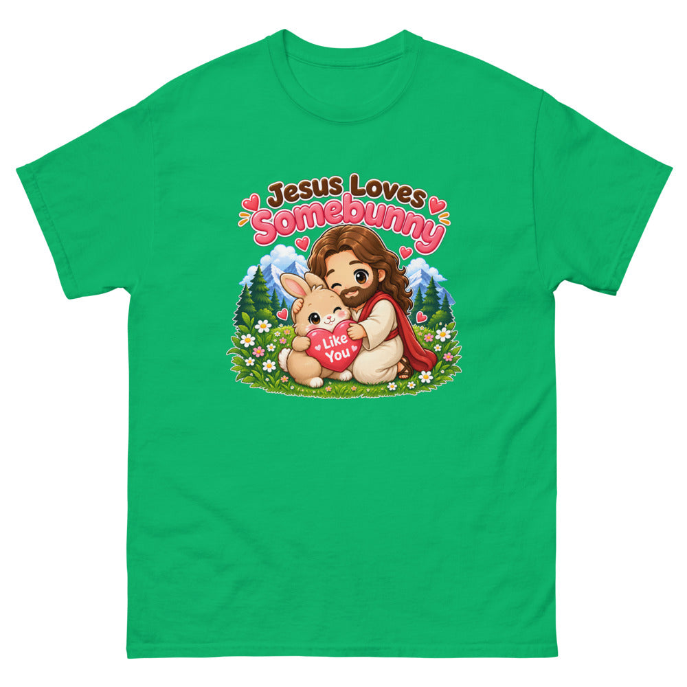 Chibi Jesus hugging a bunny holding a heart with the words Jesus Loves Somebunny on a Irish Green shirt