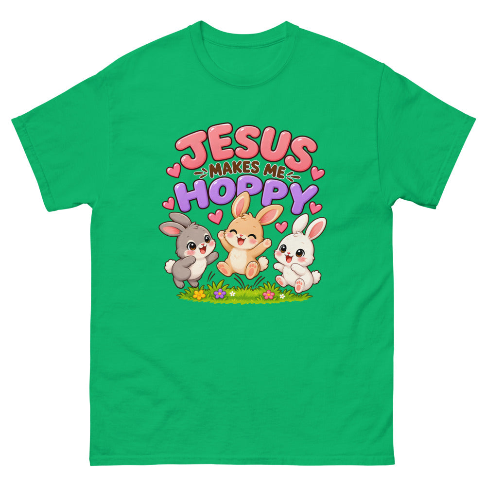 Three cartoon bunnies jumping with the words Jesus Makes Me Hoppy on a Irish Green shirt