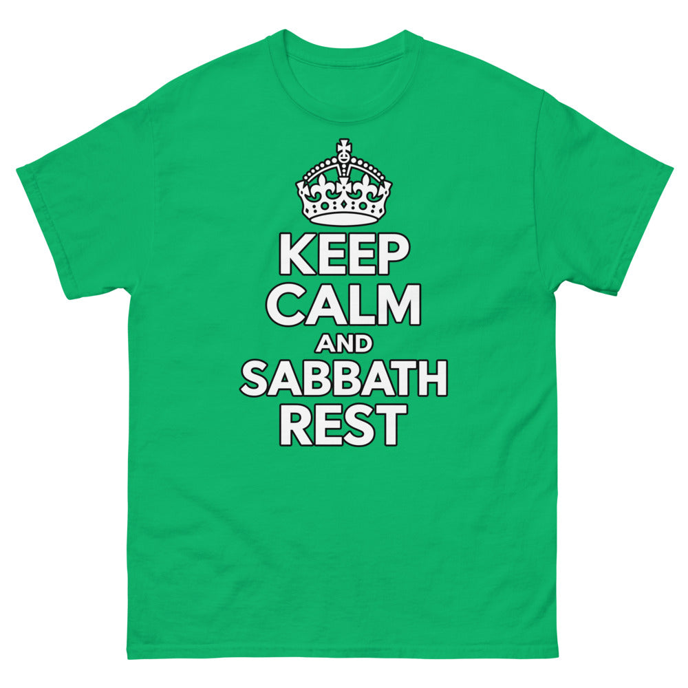 Crown above heavy caps reading Keep Calm And Sabbath Rest on a Irish Green shirt
