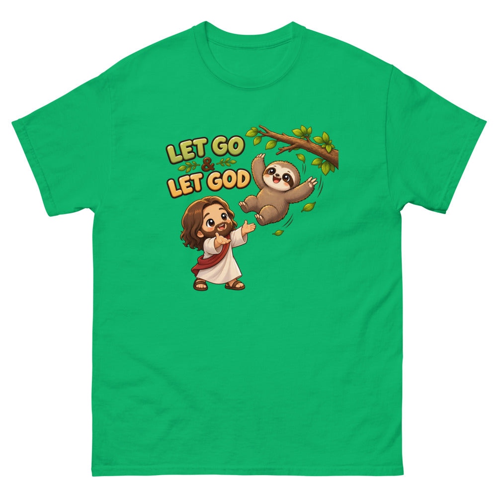 Cartoon sloth falling from a branch toward Jesus with the words Let Go And Let God on a Irish Green shirt