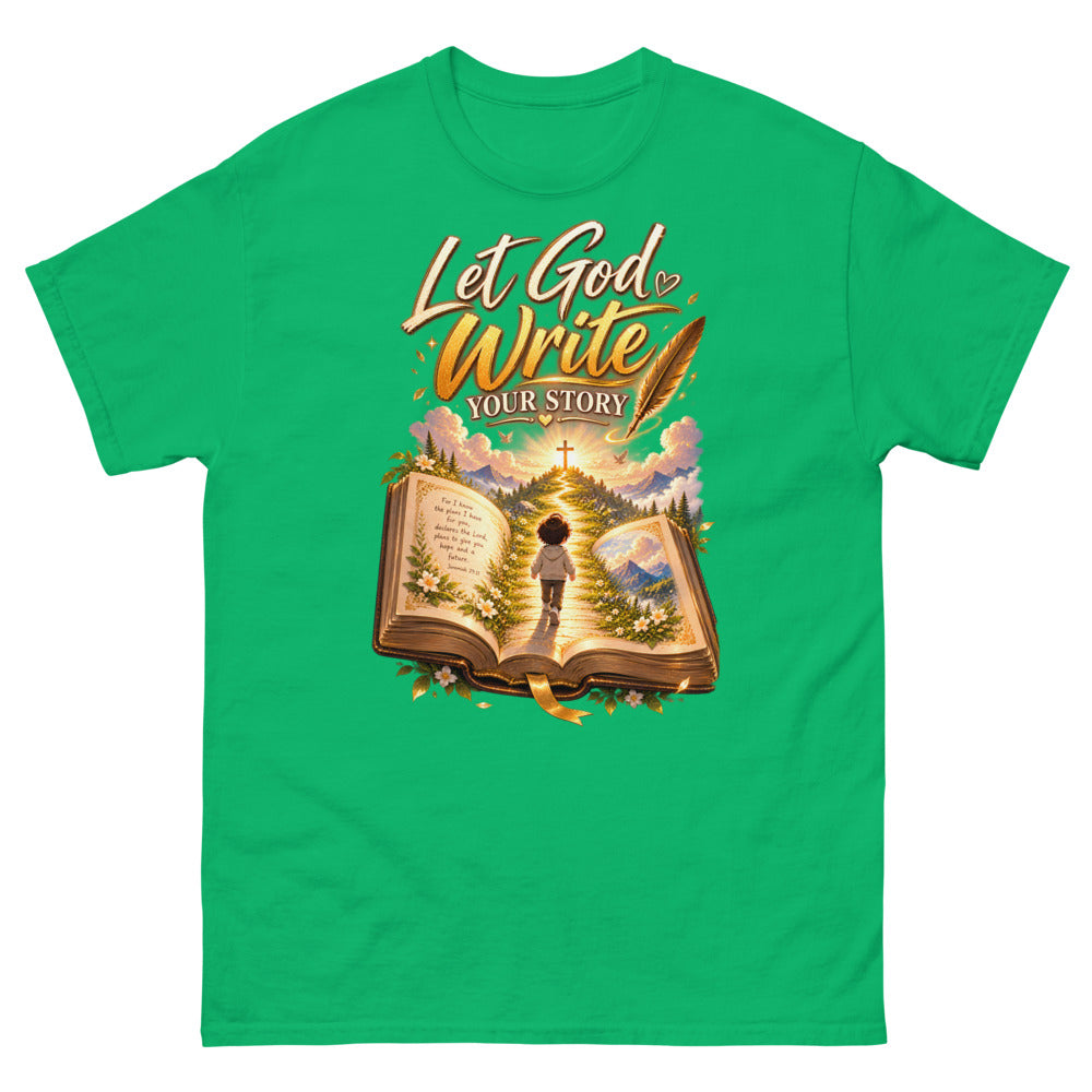 Open Bible with a child walking toward a cross and the words Let God Write Your Story on a Irish Green shirt