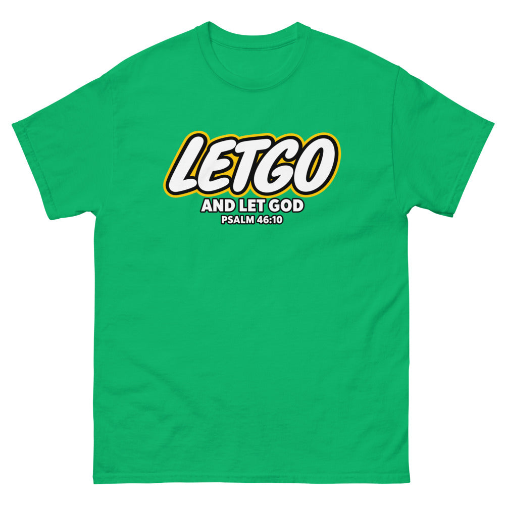 Toy brick logo parody reading Letgo and Let God, Psalm 46:10 on a Irish Green shirt