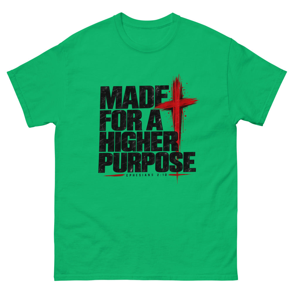 Heavy black caps with a red brush cross reading Made For A Higher Purpose on a Irish Green shirt