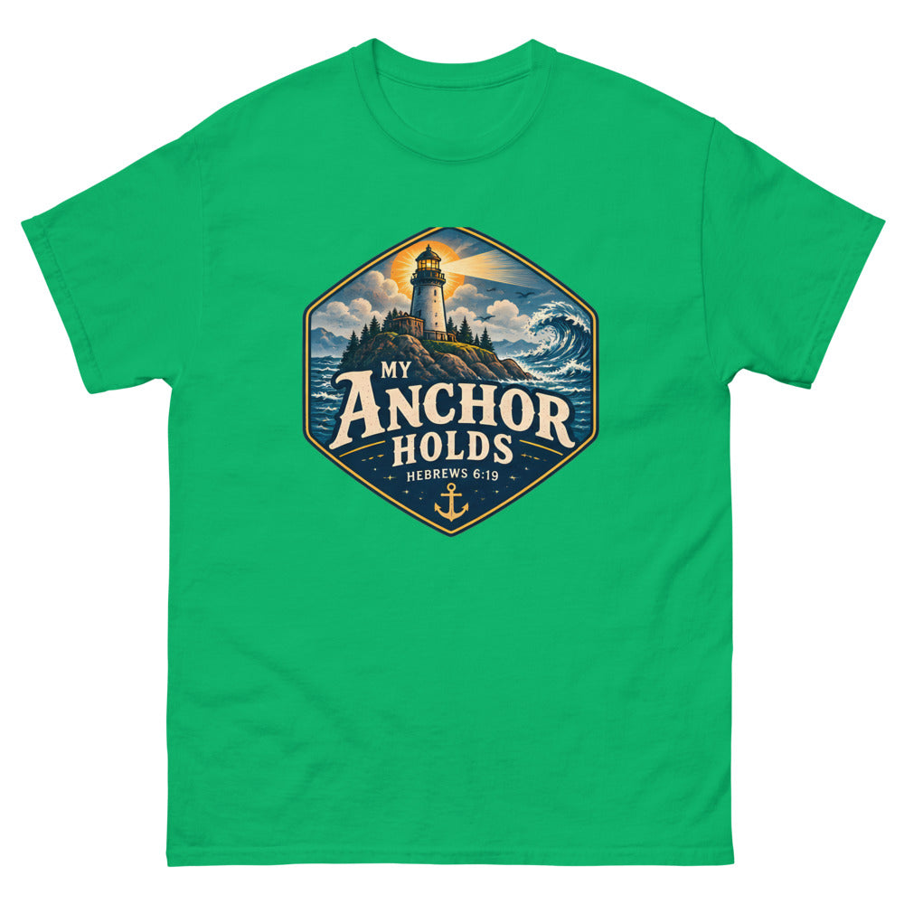 Navy hexagon badge with a lighthouse and wave reading My Anchor Holds on a Irish Green shirt