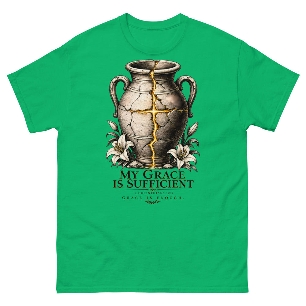 Cracked vessel repaired with gold seams forming a cross, reading My Grace Is Sufficient on a Irish Green shirt