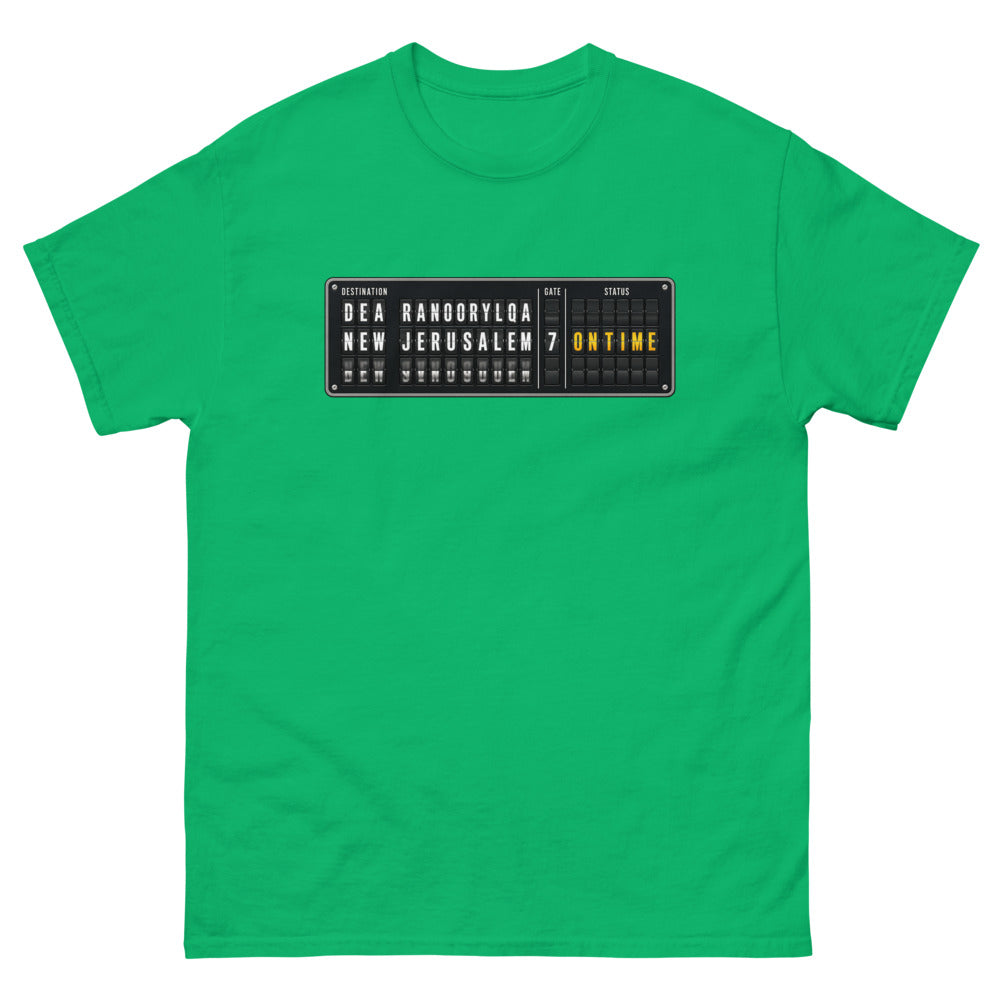 Split flap departure board reading New Jerusalem, gate 7, on time on a Irish Green shirt