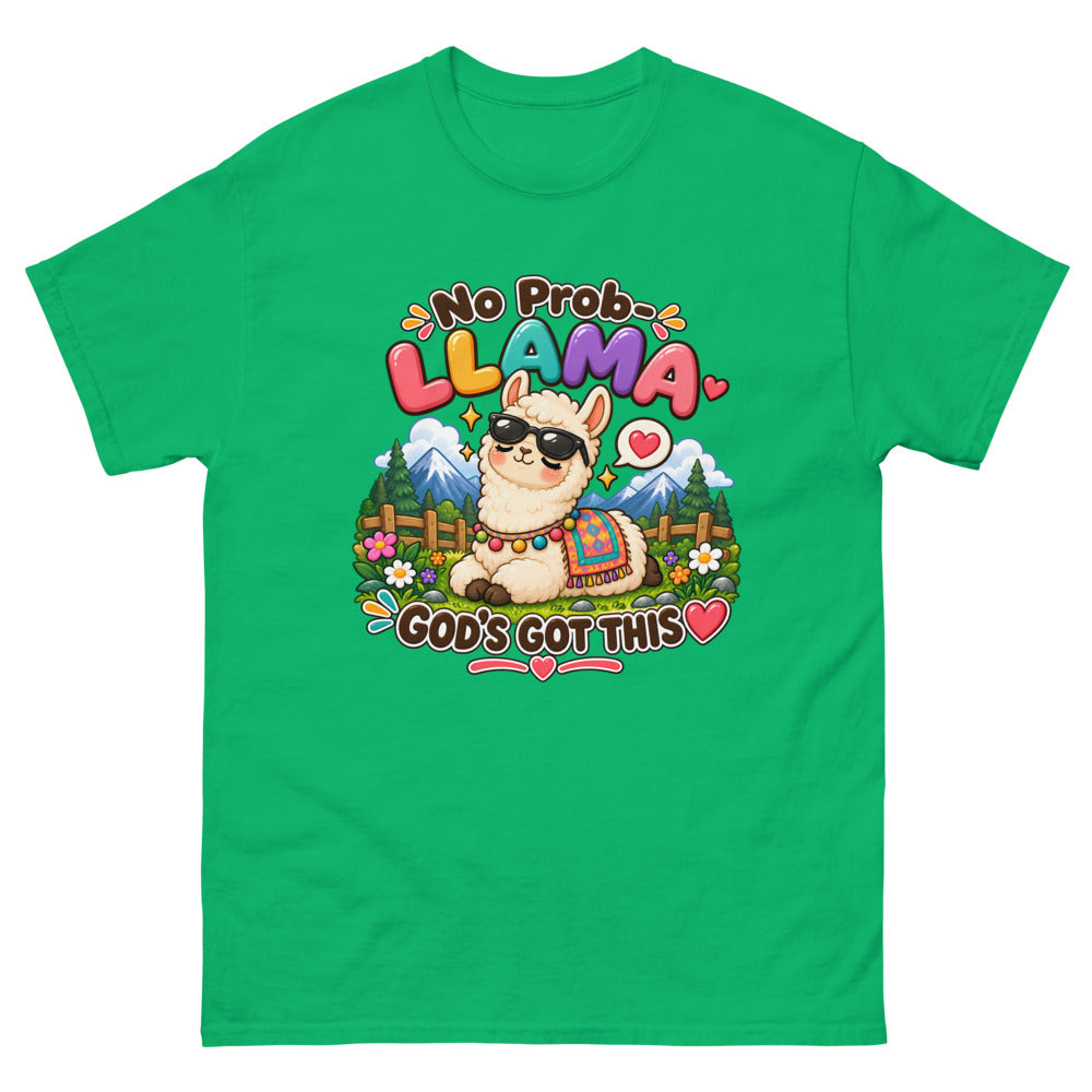 Cartoon llama in sunglasses with the words No Prob-Llama God's Got This on a Irish Green shirt
