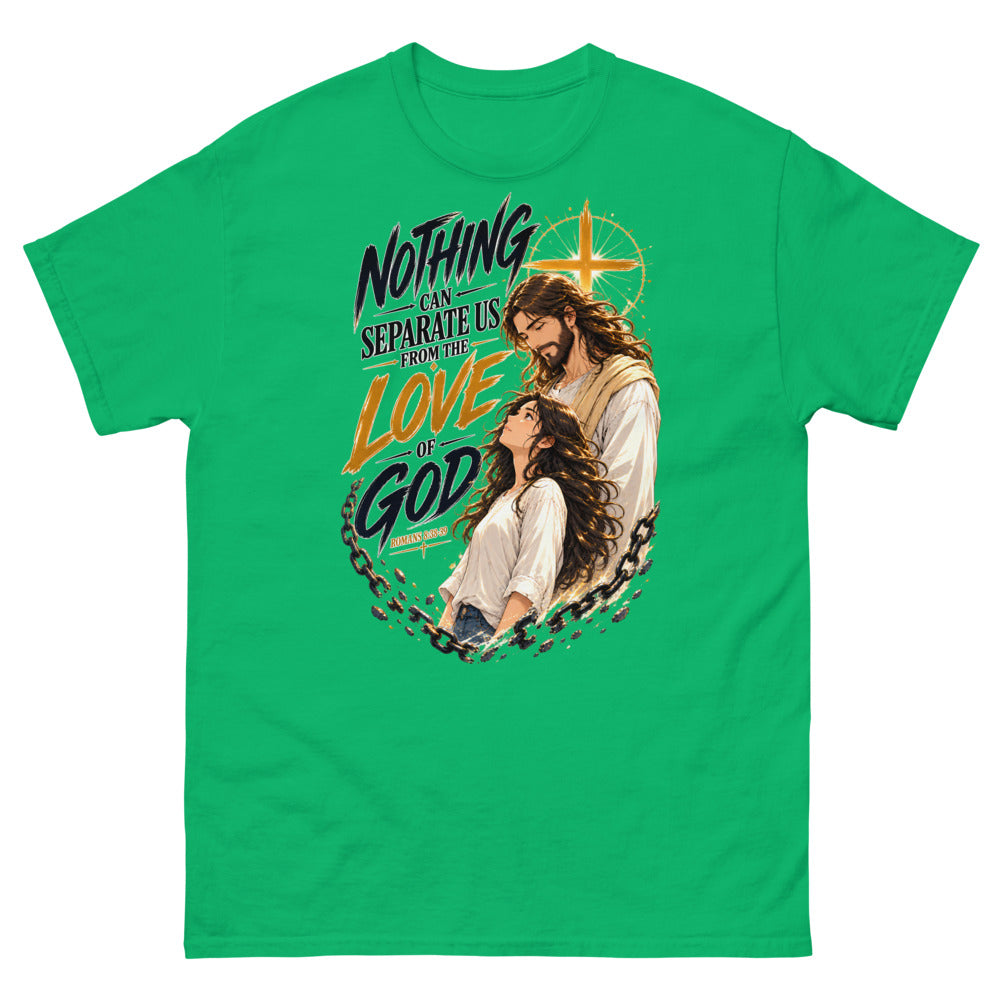 Anime illustration of Jesus and a young woman with broken chains and the words Nothing Can Separate Us From The Love Of God on a Irish Green shirt