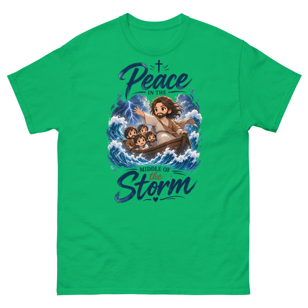 Chibi Jesus calming a storm in a boat with the words Peace In The Middle Of The Storm on a Irish Green shirt