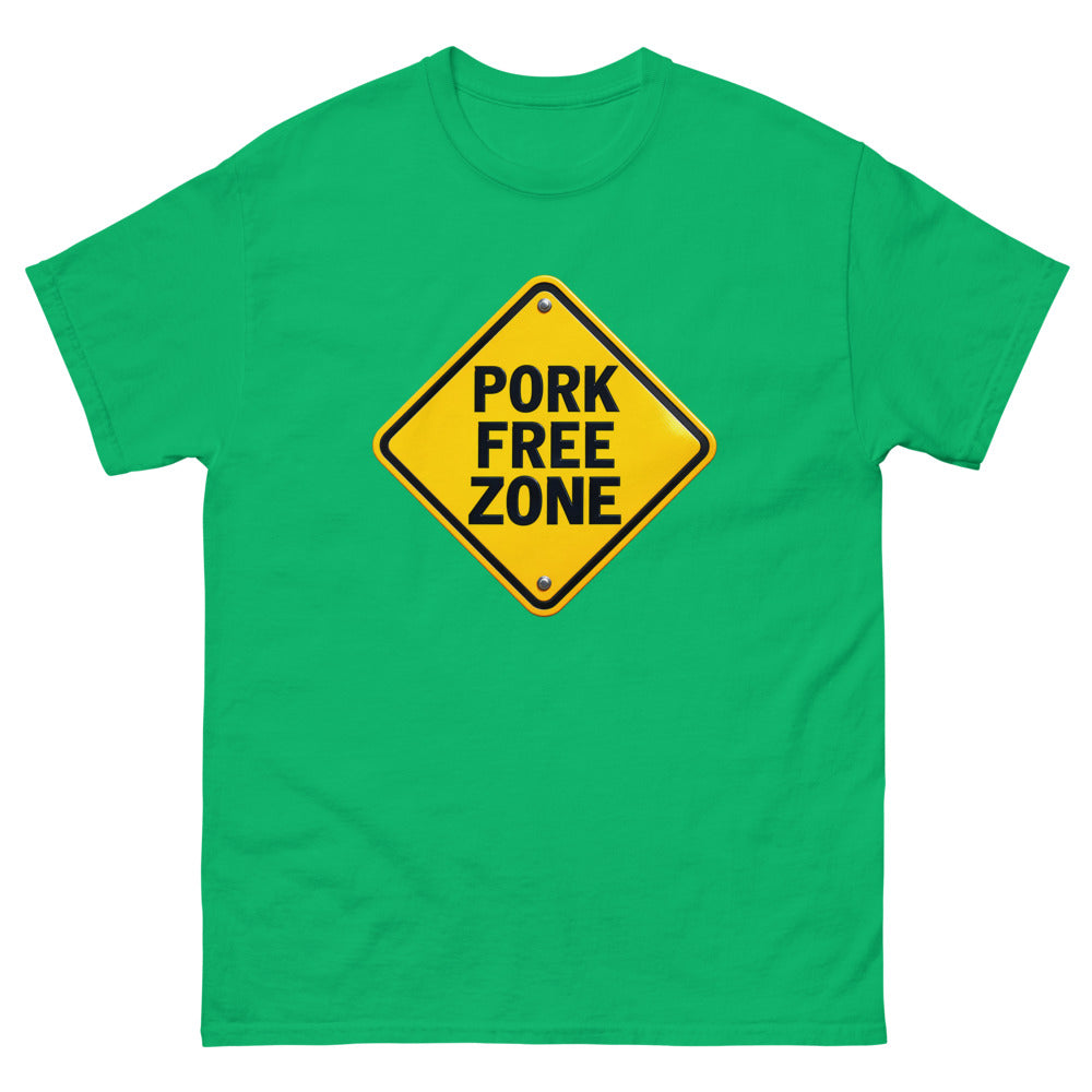 Yellow diamond road sign reading Pork Free Zone on a Irish Green shirt