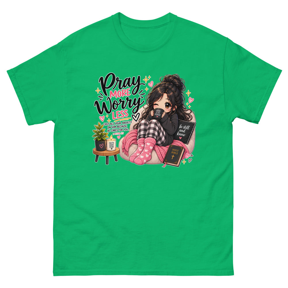 Cozy chibi girl with a mug and Bible with the words Pray More Worry Less on a Irish Green shirt