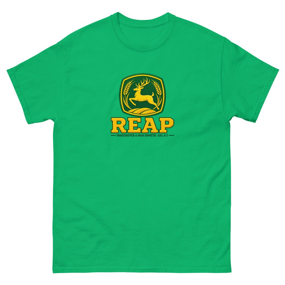 Green and gold crest with a leaping deer and wheat reading Reap, Galatians 6:7 on a Irish Green shirt