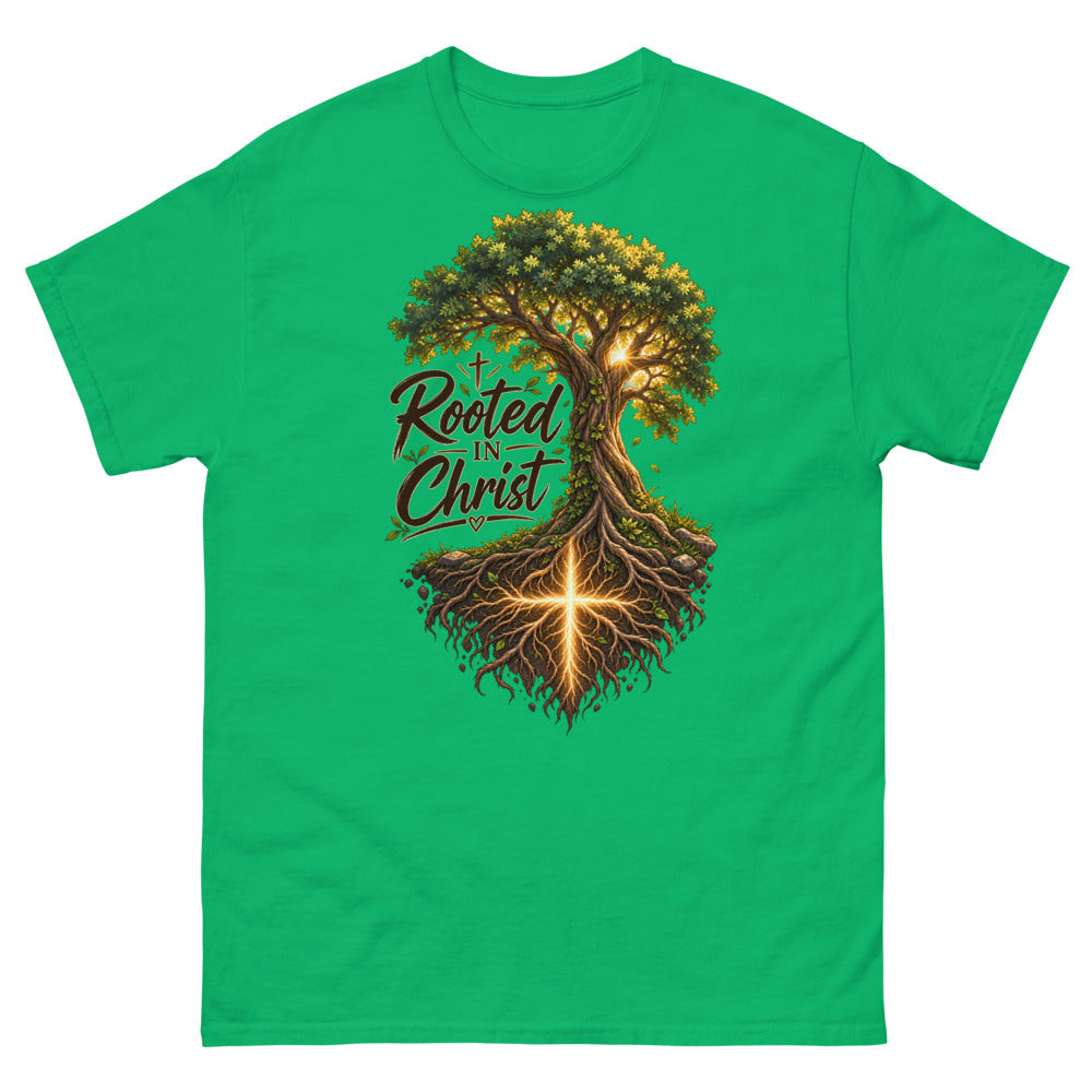 Detailed tree with a glowing cross in its roots and the words Rooted In Christ on a Irish Green shirt