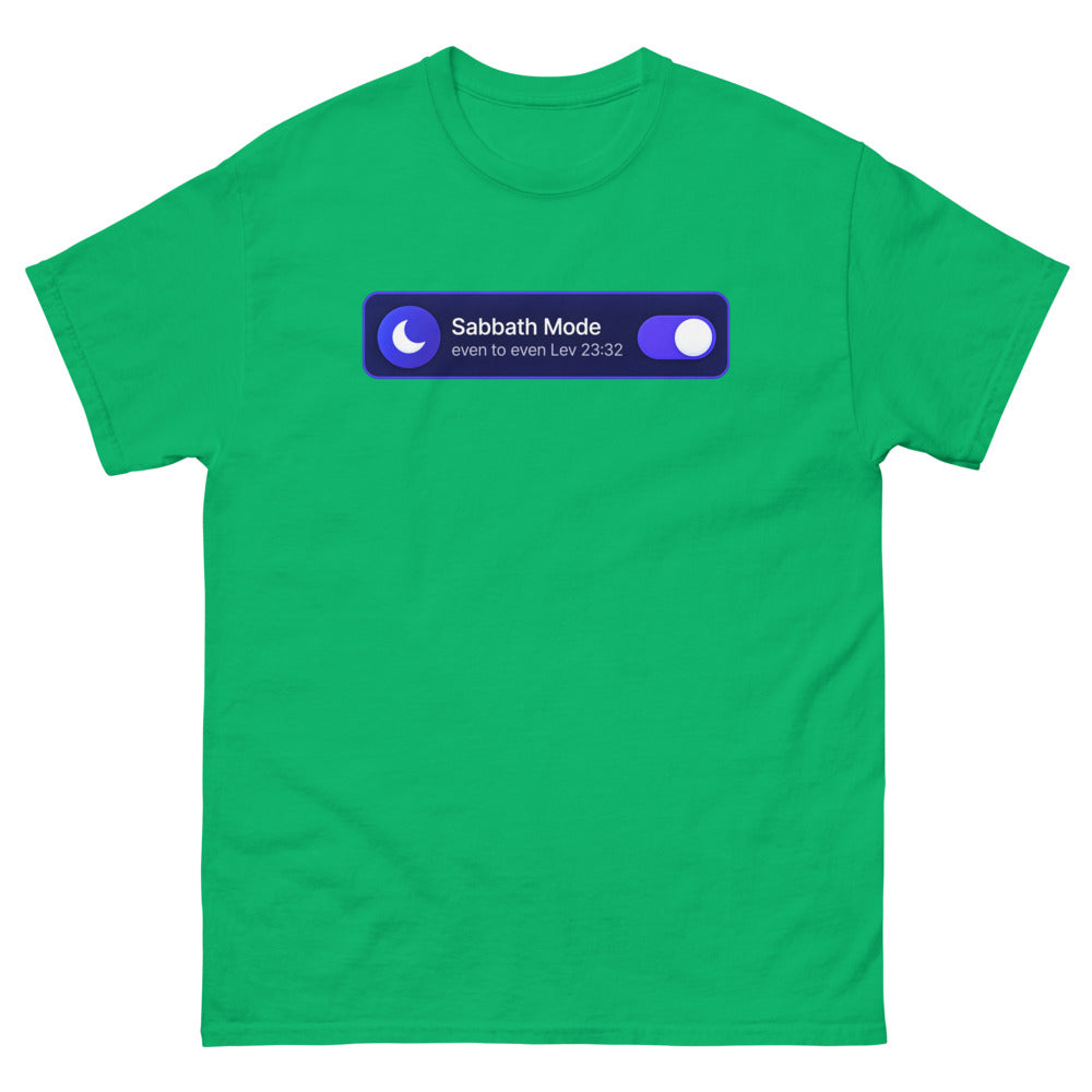 Phone settings toggle switched on reading Sabbath Mode, even to even on a Irish Green shirt