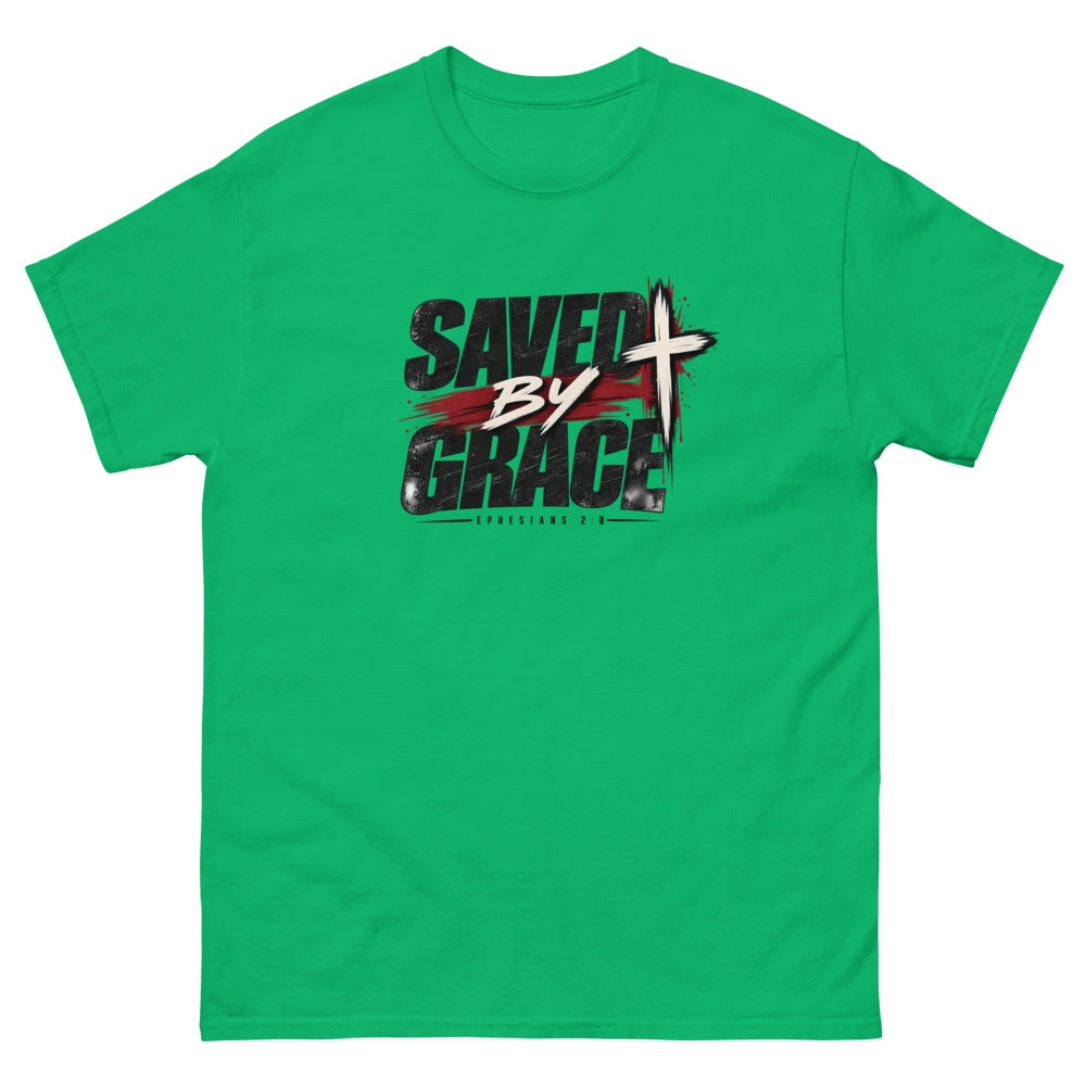 Streetwear lettering with a red brush stroke and cross reading Saved By Grace on a Irish Green shirt