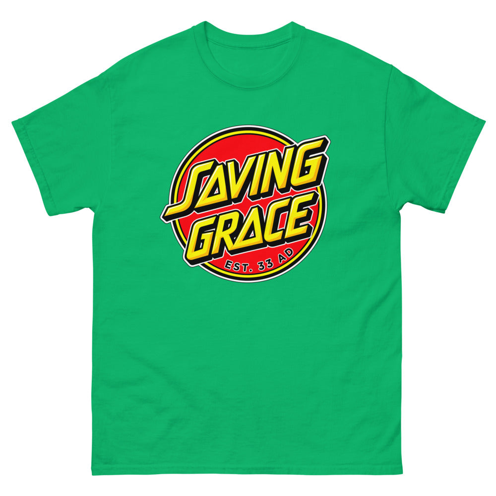Red circle skate logo reading Saving Grace, Est. 33 AD on a Irish Green shirt