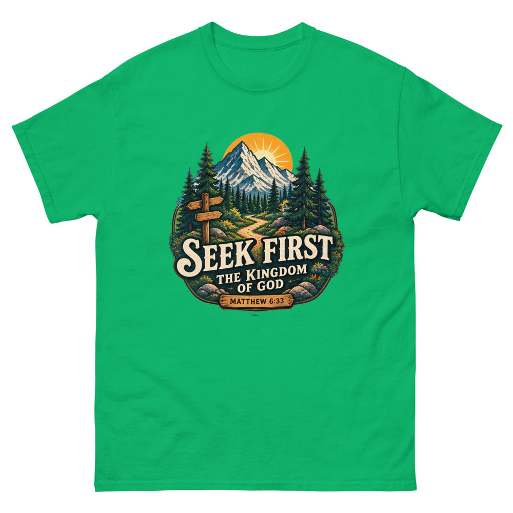 Vintage trail badge with mountains and a signpost reading Seek First The Kingdom Of God on a Irish Green shirt