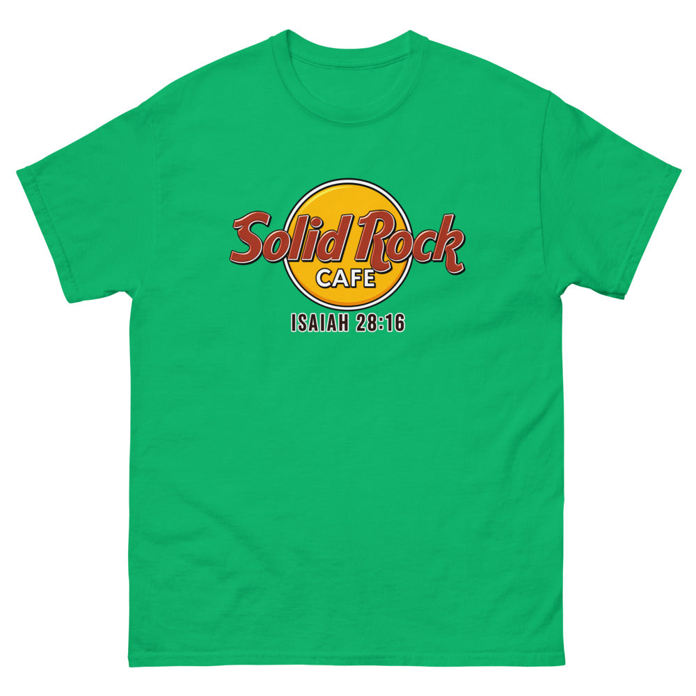 Gold roundel reading Solid Rock Cafe with Isaiah 28:16 on a Irish Green shirt