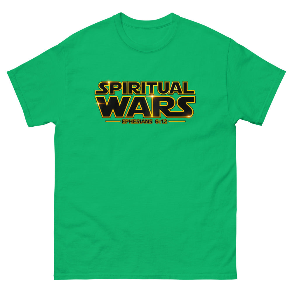 Film logo parody reading Spiritual Wars with Ephesians 6:12 on a Irish Green shirt