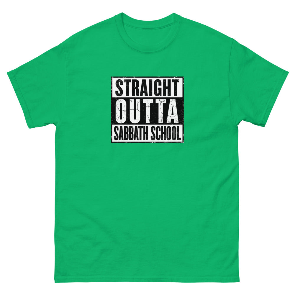 Distressed block lettering reading Straight Outta Sabbath School on a Irish Green shirt
