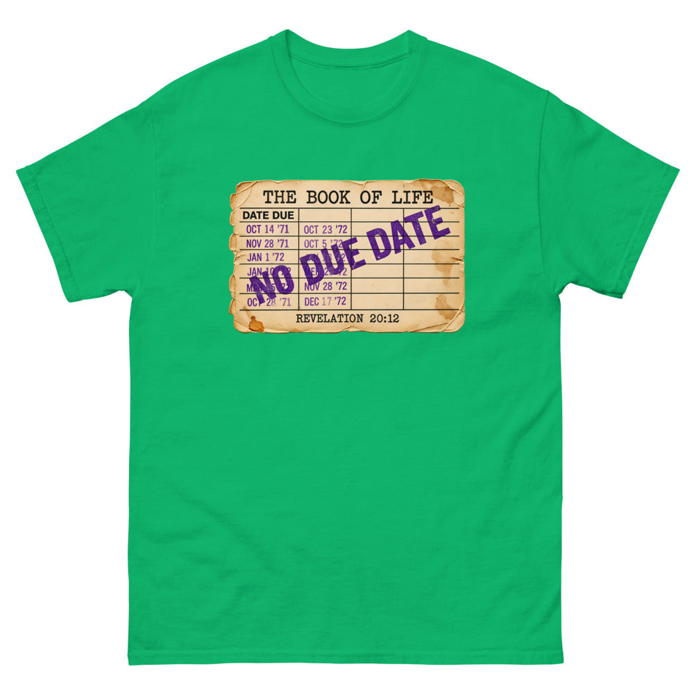 Vintage library due date card headed The Book Of Life stamped No Due Date on a Irish Green shirt