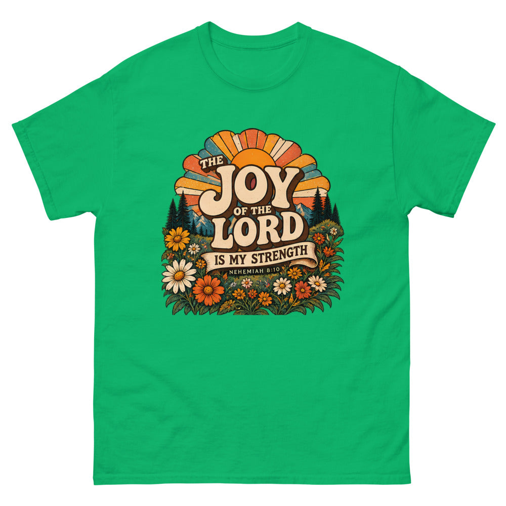 Retro sunburst and wildflowers reading The Joy Of The Lord Is My Strength on a Irish Green shirt