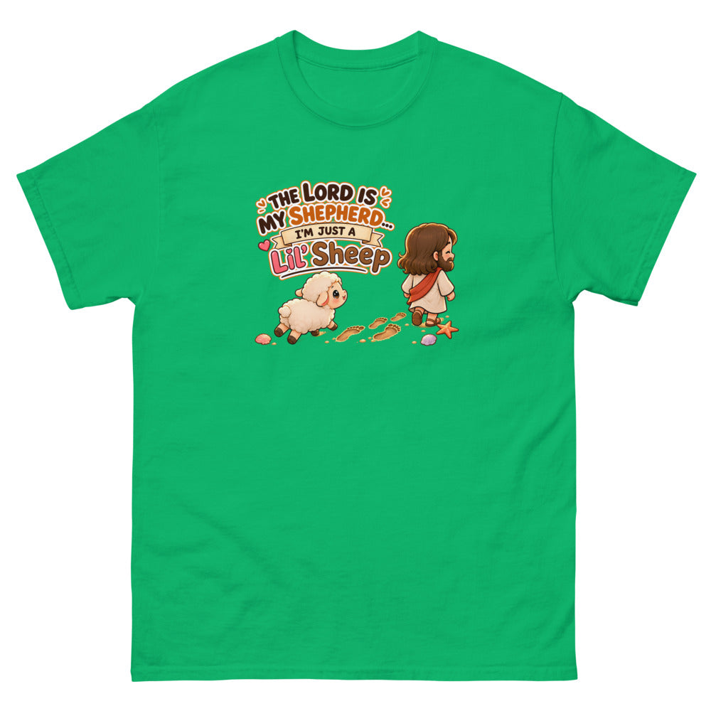 Chibi Jesus walking ahead of a little sheep with the words The Lord Is My Shepherd I'm Just A Lil Sheep on a Irish Green shirt