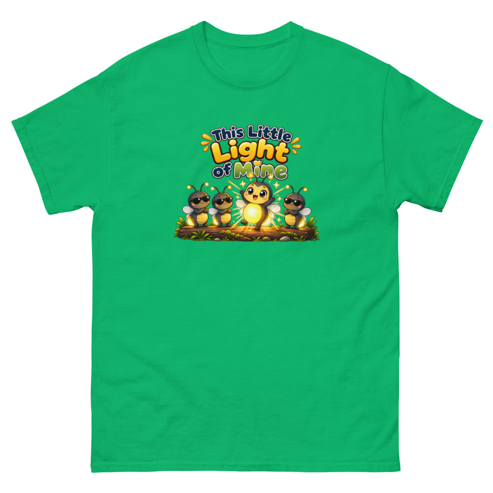 Glowing cartoon firefly with three others in sunglasses and the words This Little Light Of Mine on a Irish Green shirt