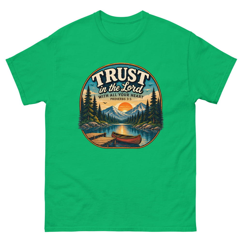 Round lakeside badge with a canoe and dock reading Trust In The Lord With All Your Heart on a Irish Green shirt