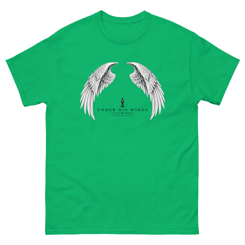 Line art angel wings with a small figure between them and the words Under His Wings on a Irish Green shirt