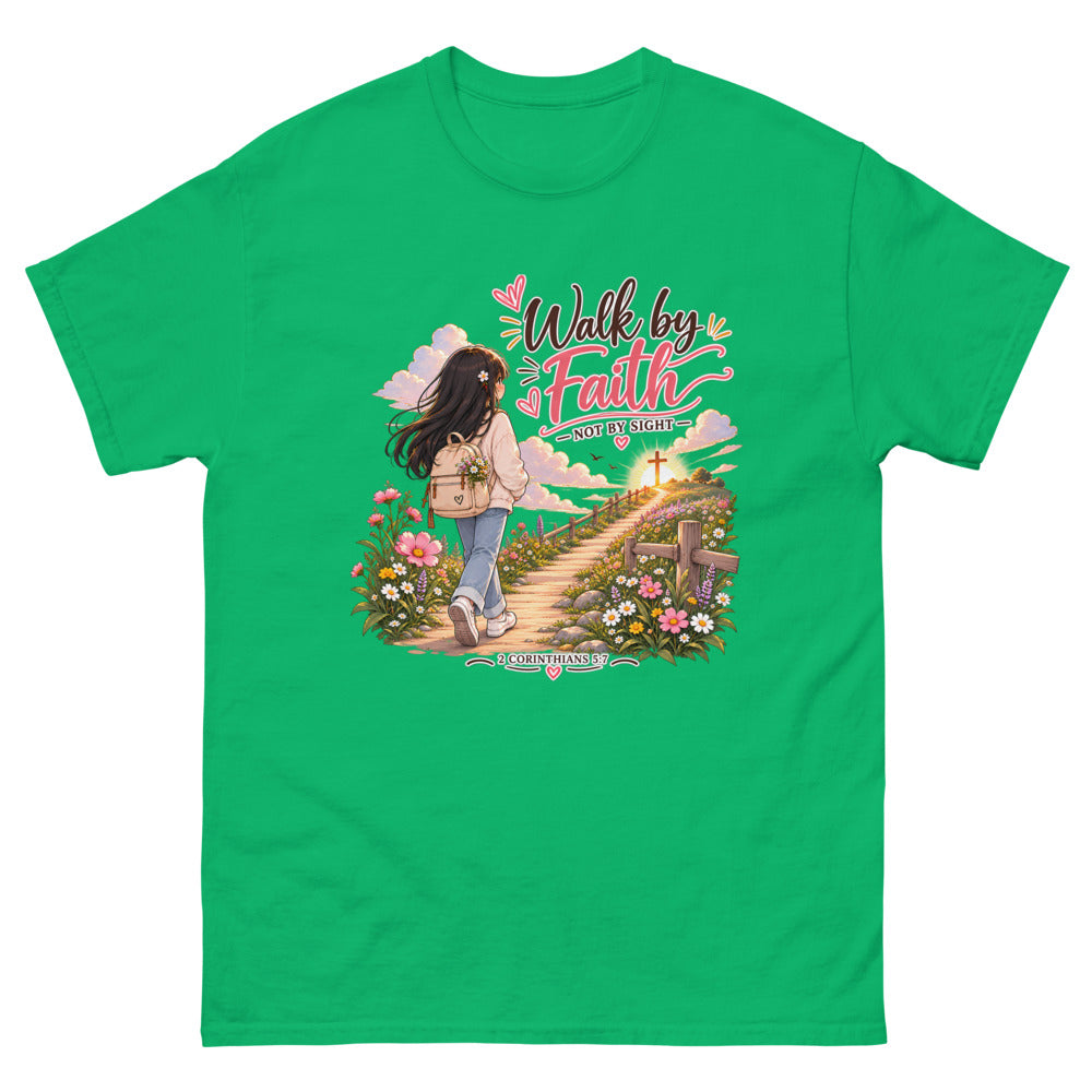 Chibi girl walking a flower-lined path toward a cross with the words Walk By Faith Not By Sight on a Irish Green shirt
