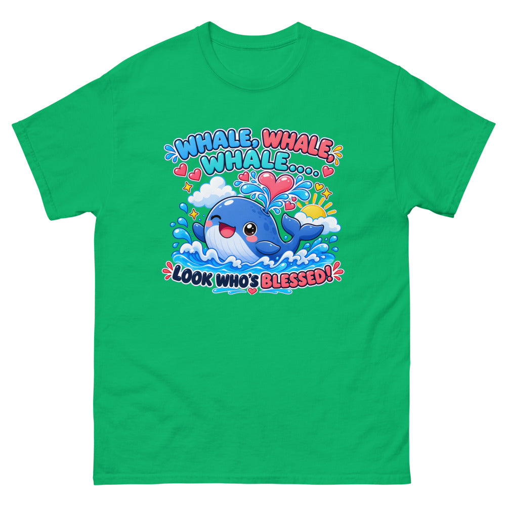 Cartoon whale spouting hearts with the words Whale Whale Whale Look Who's Blessed on a Irish Green shirt